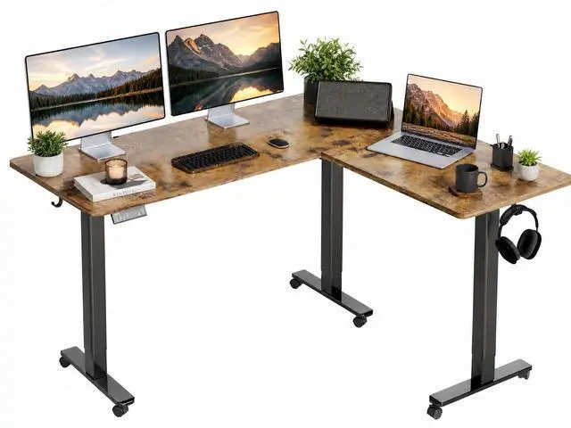 Main image of L Shaped Standing Desk Dual Motor 63 x 55 Inch Rustic Brown | Height 28.5"-47.2" Adjustable, 220lbs Capacity, Sturdy Steel Frame, Splice Board included, Ideal for Home Office Corner