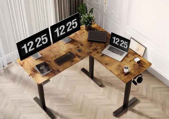 Alt view image 2 of 7 - L Shaped Standing Desk Dual Motor 63 x 55 Inch Rustic Brown | Height 28.5"-47.2" Adjustable, 220lbs Capacity, Sturdy Steel Frame, Splice Board included, Ideal for Home Office Corner