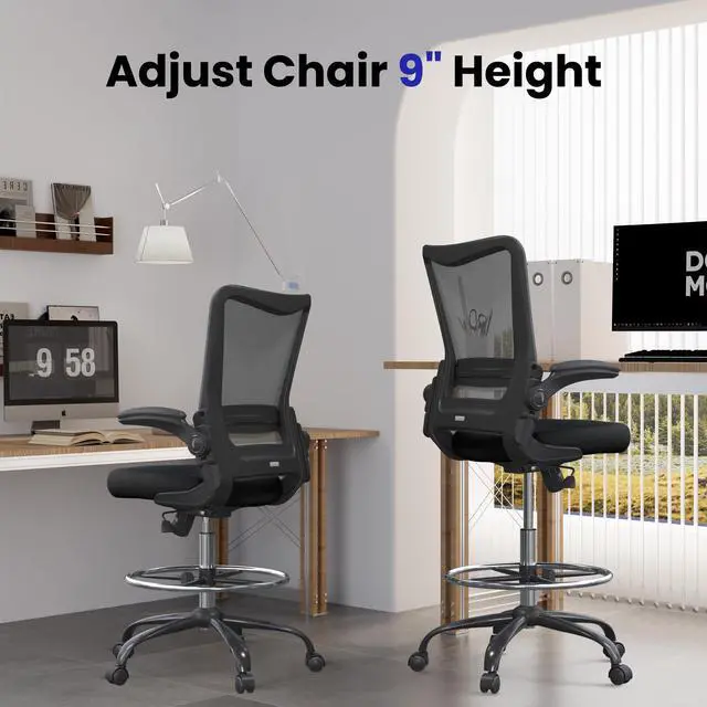 Alt view image 3 of 7 - Drafting Chair Tall Office Chair for Standing Desk with Up & Down Flip-Up Armrest, 9 Adjustable Height High Desk Chair with Footrest Ring, 120° Recline Mesh Ergonomic Chair, 300 lbs