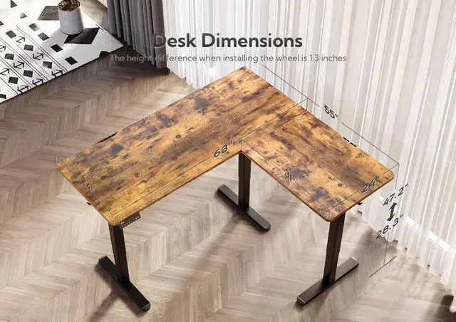 Alt view image 5 of 7 - L Shaped Standing Desk Dual Motor 63 x 55 Inch Rustic Brown | Height 28.5"-47.2" Adjustable, 220lbs Capacity, Sturdy Steel Frame, Splice Board included, Ideal for Home Office Corner