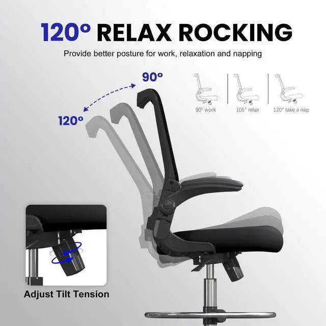 Alt view image 5 of 7 - Drafting Chair Tall Office Chair for Standing Desk with Up & Down Flip-Up Armrest, 9 Adjustable Height High Desk Chair with Footrest Ring, 120° Recline Mesh Ergonomic Chair, 300 lbs