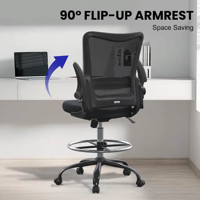 Alt view image 7 of 7 - Drafting Chair Tall Office Chair for Standing Desk with Up & Down Flip-Up Armrest, 9 Adjustable Height High Desk Chair with Footrest Ring, 120° Recline Mesh Ergonomic Chair, 300 lbs