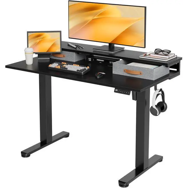 Main image of Electric Standing Desk with 2 Drawers, 48 Inch, Black | Adjustable height desk with 2 drawers, open cubicle, monitor shelf, cable management, built-in hooks for home office