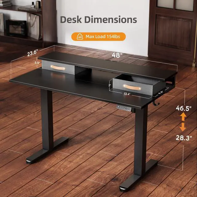 Alt view image 3 of 7 - Electric Standing Desk with 2 Drawers, 48 Inch, Black | Adjustable height desk with 2 drawers, open cubicle, monitor shelf, cable management, built-in hooks for home office
