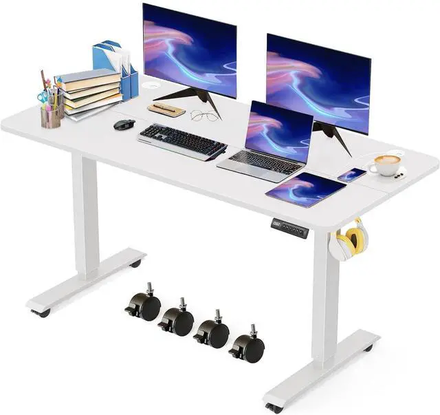 Main image of Electric Standing Desk 48 x 24 Inches Adjustable Height Sit Stand Up Desk for Home Office Computer Workstation Memory Preset with Wheels, White