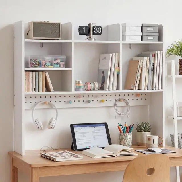 Main image of Dorm Desk Hutch with Pegboard, White Desktop Bookshelf | Multipurpose Desktop Bookshelf for Dorm Office Home, 3-Tier Wooden Display Rack for Computer Desk