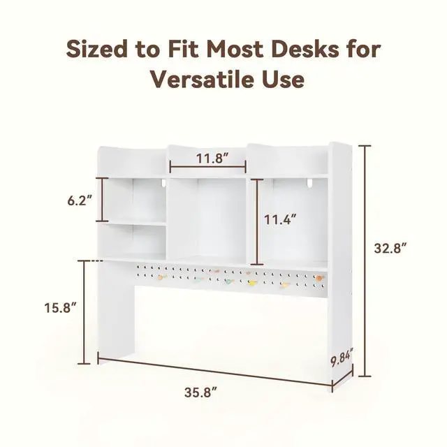 Alt view image 2 of 7 - Dorm Desk Hutch with Pegboard, White Desktop Bookshelf | Multipurpose Desktop Bookshelf for Dorm Office Home, 3-Tier Wooden Display Rack for Computer Desk