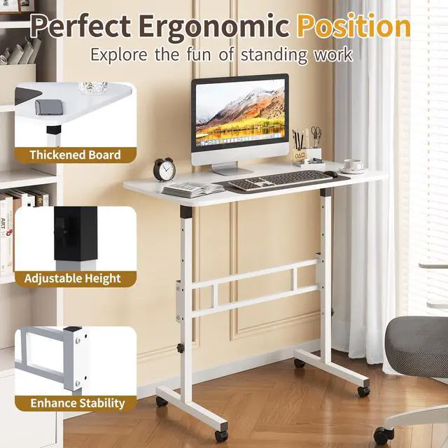 Alt view image 2 of 6 - Small Standing Desk Adjustable Height, Mobile Rolling Stand Up Desk with Wheels, 32 Inch Portable Rolling Desks Computer Office Workstations Walking Pad (White)