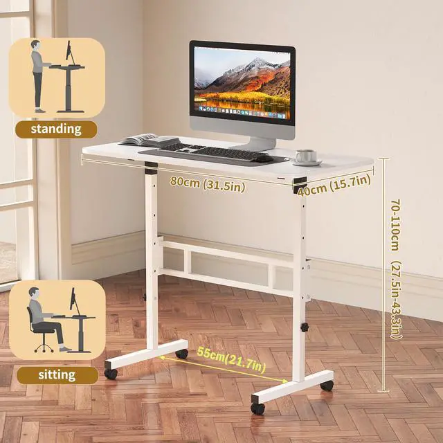 Alt view image 3 of 6 - Small Standing Desk Adjustable Height, Mobile Rolling Stand Up Desk with Wheels, 32 Inch Portable Rolling Desks Computer Office Workstations Walking Pad (White)