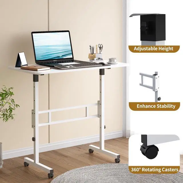 Alt view image 4 of 6 - Small Standing Desk Adjustable Height, Mobile Rolling Stand Up Desk with Wheels, 32 Inch Portable Rolling Desks Computer Office Workstations Walking Pad (White)