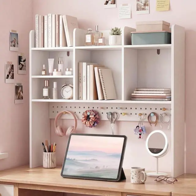 Alt view image 3 of 7 - Dorm Desk Hutch with Pegboard, White Desktop Bookshelf | Multipurpose Desktop Bookshelf for Dorm Office Home, 3-Tier Wooden Display Rack for Computer Desk