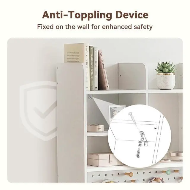 Alt view image 7 of 7 - Dorm Desk Hutch with Pegboard, White Desktop Bookshelf | Multipurpose Desktop Bookshelf for Dorm Office Home, 3-Tier Wooden Display Rack for Computer Desk