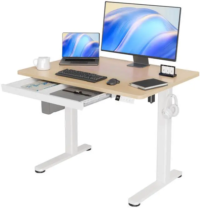 Main image of Standing Desk with Drawer 40 Inch Electric Height Adjustable Natural | Sturdy steel frame supports 176 lbs, 28.35-46.46 inch height range, 45 dB quiet motor, 2 hooks