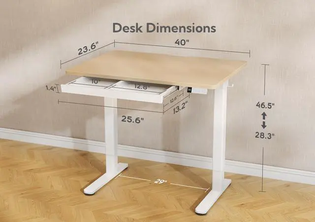 Alt view image 3 of 6 - Standing Desk with Drawer 40 Inch Electric Height Adjustable Natural | Sturdy steel frame supports 176 lbs, 28.35-46.46 inch height range, 45 dB quiet motor, 2 hooks