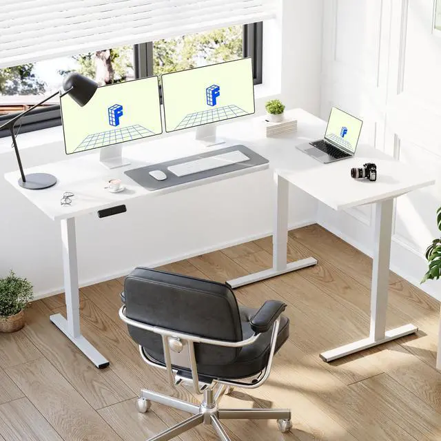 Alt view image 2 of 6 - Electric Height Adjustable Standing L Shaped Corner 3 Legs Ergonomic Sit Stand Desk Frame for Home and Office, White