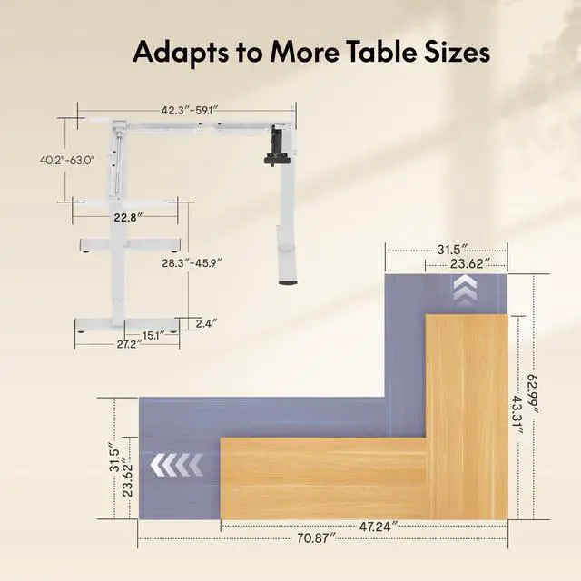 Alt view image 3 of 6 - Electric Height Adjustable Standing L Shaped Corner 3 Legs Ergonomic Sit Stand Desk Frame for Home and Office, White