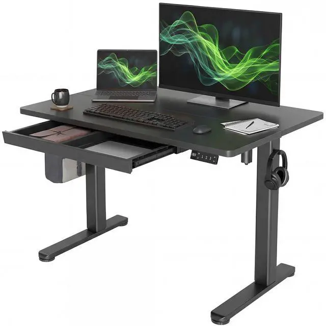 Main image of Electric Standing Desk with Drawer 40 Inch Black | Sturdy steel frame supports 176 lbs, 28.35 to 46.46 inch height range, 45 dB quiet motor, built-in wire holes