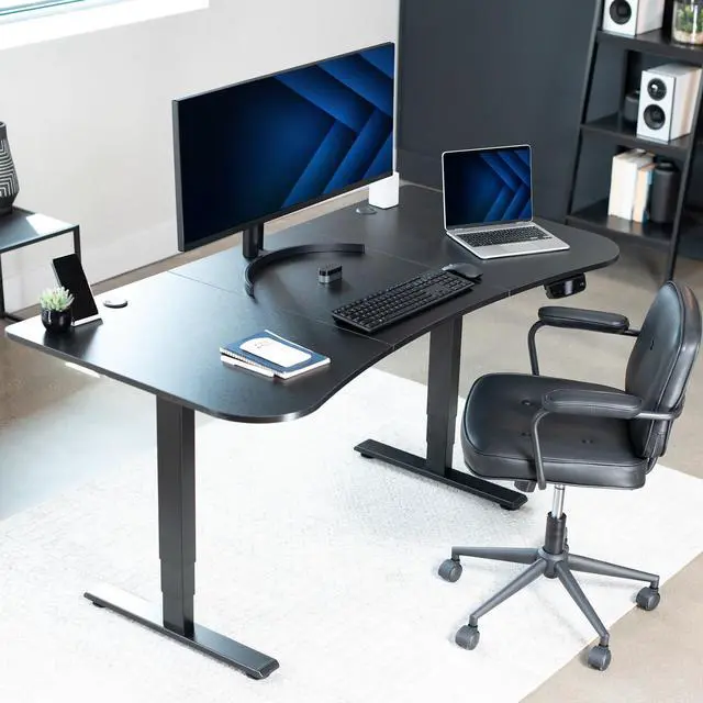 Alt view image 2 of 7 - Black 63 x 32 inch Table Top, DESK-TOP1B | 3 Section Desktop, For Height Adjustable Sit Stand Desk Frame, Home Office, Universal