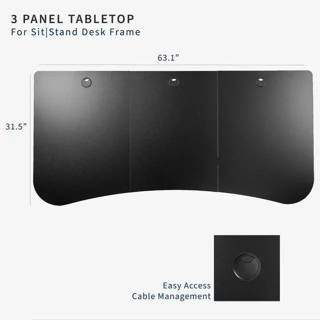 Alt view image 3 of 7 - Black 63 x 32 inch Table Top, DESK-TOP1B | 3 Section Desktop, For Height Adjustable Sit Stand Desk Frame, Home Office, Universal
