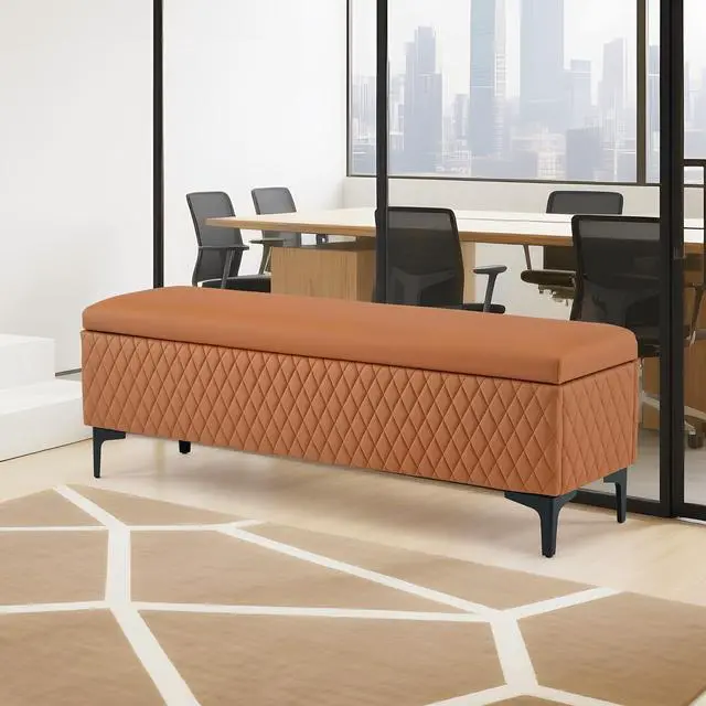Alt view image 2 of 7 - Waiting Room Bench with Storage, Faux Leather Office Guest Chair Lobby Seating, Reception Furniture for Small Salon Barbershop Conference Business