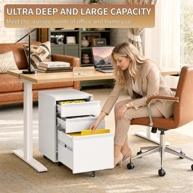 Alt view image 3 of 7 - 3 Drawer Small Under Desk Rolling File Cabinet with Lock for Home Office | Fully Assembled,Central Locking System,Metal,Pencil Tray,Hanging File Bar,Anti-Tipping Caster