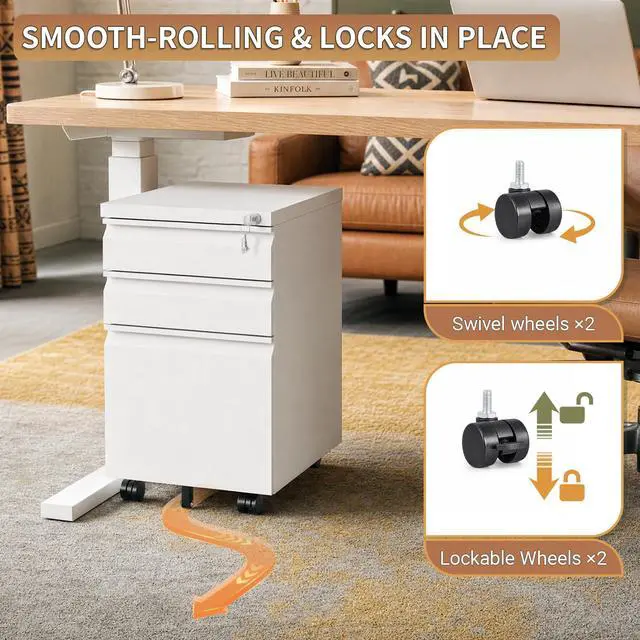 Alt view image 4 of 7 - 3 Drawer Small Under Desk Rolling File Cabinet with Lock for Home Office | Fully Assembled,Central Locking System,Metal,Pencil Tray,Hanging File Bar,Anti-Tipping Caster