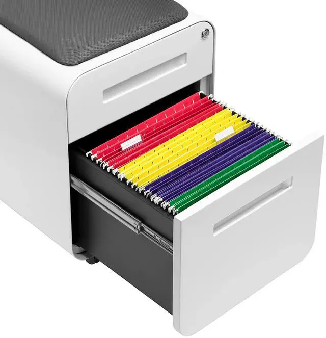 Alt view image 7 of 7 - STOCKPILE Mini Seated 2 Drawer Mobile File Cabinet with Removable Magnetic Cushion Seat - Short Version, Metal Filing Cabinet, Pre-Assembled, White with Grey Cushion