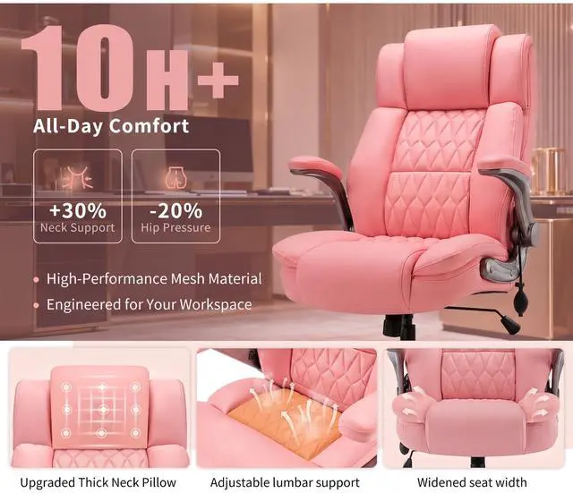 Alt view image 7 of 7 - Large High Back Office Chair - Adjustable Lumbar Support Flip Up Arms Heavy Duty Quiet Wheels Metal Base Breathable Bonded Leather Ergonomic Executive Computer Desk Chair with Storage Bags, Pink