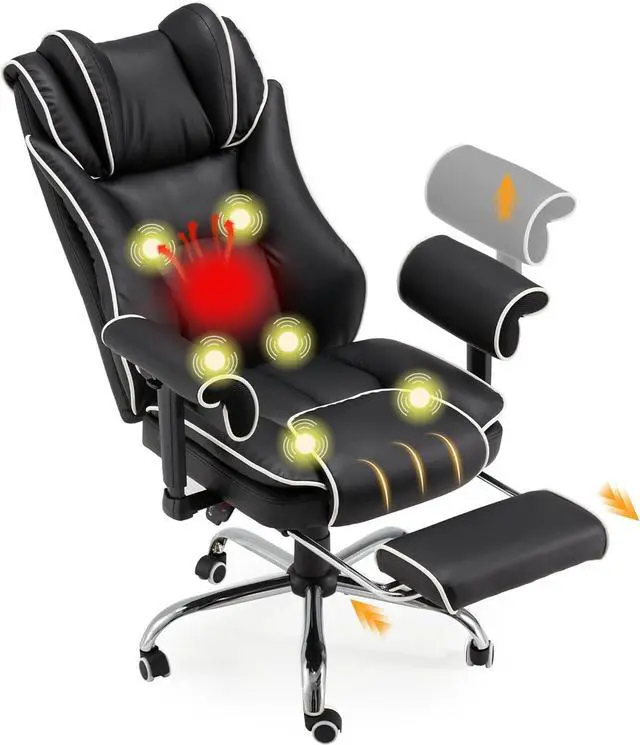 Main image of Massage Executive Office Chair with Heat, 6-Point Vibration Ergonomic High Back Desk Chair, 155° Reclining Computer Chair with Adjustable Armrests & Footrest for Home Office, Black and White
