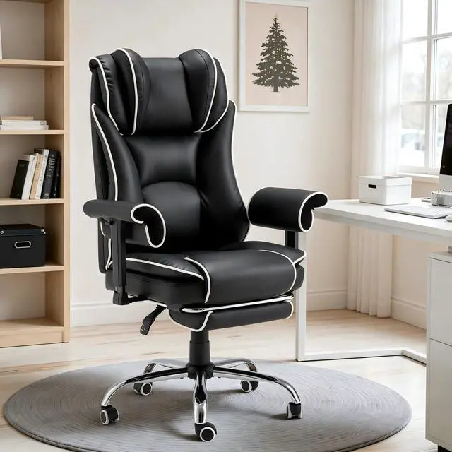 Alt view image 2 of 7 - Massage Executive Office Chair with Heat, 6-Point Vibration Ergonomic High Back Desk Chair, 155° Reclining Computer Chair with Adjustable Armrests & Footrest for Home Office, Black and White