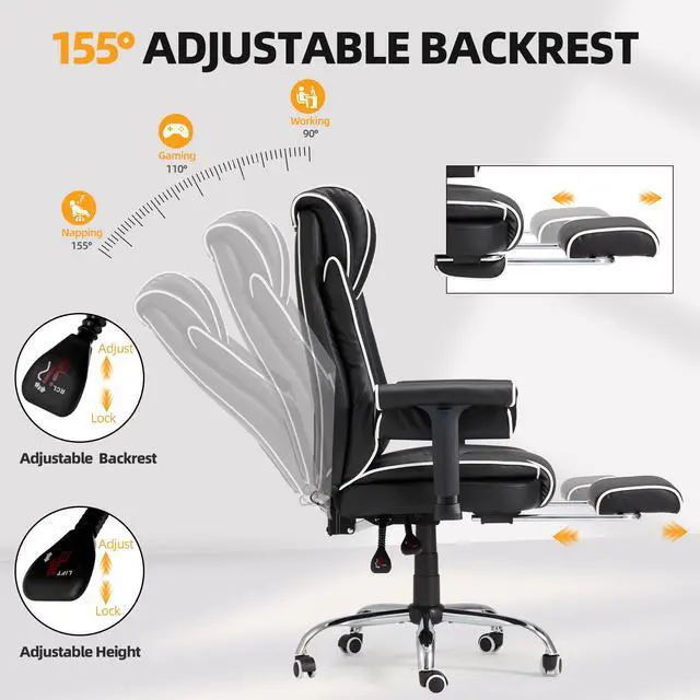 Alt view image 5 of 7 - Massage Executive Office Chair with Heat, 6-Point Vibration Ergonomic High Back Desk Chair, 155° Reclining Computer Chair with Adjustable Armrests & Footrest for Home Office, Black and White