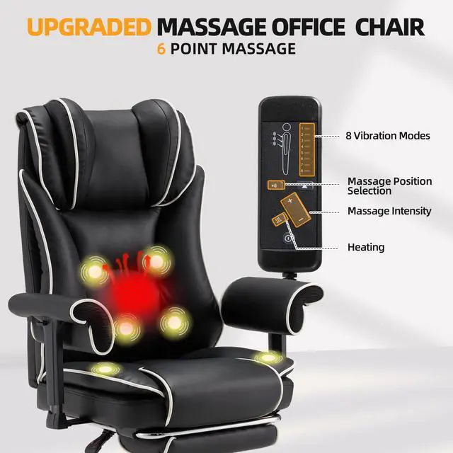 Alt view image 4 of 7 - Massage Executive Office Chair with Heat, 6-Point Vibration Ergonomic High Back Desk Chair, 155° Reclining Computer Chair with Adjustable Armrests & Footrest for Home Office, Black and White