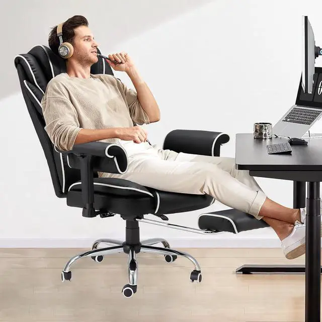 Alt view image 7 of 7 - Massage Executive Office Chair with Heat, 6-Point Vibration Ergonomic High Back Desk Chair, 155° Reclining Computer Chair with Adjustable Armrests & Footrest for Home Office, Black and White