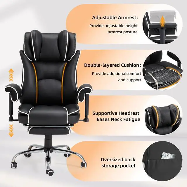 Alt view image 6 of 7 - Massage Executive Office Chair with Heat, 6-Point Vibration Ergonomic High Back Desk Chair, 155° Reclining Computer Chair with Adjustable Armrests & Footrest for Home Office, Black and White