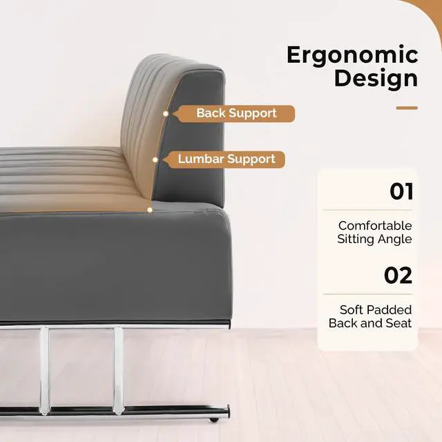 Alt view image 4 of 7 - Waiting Room Chairs Faux Leather Office Guest Chair, 59 Gray Lobby Bench Seating, Reception Area Furniture for Clinic Hospital School