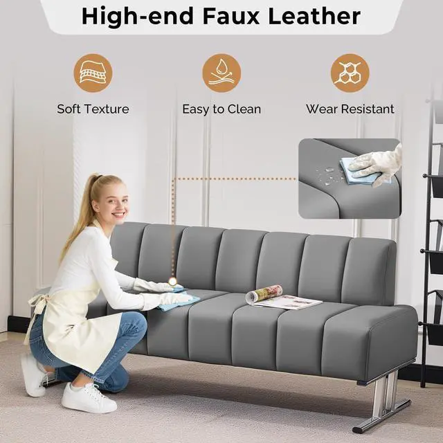 Alt view image 6 of 7 - Waiting Room Chairs Faux Leather Office Guest Chair, 59 Gray Lobby Bench Seating, Reception Area Furniture for Clinic Hospital School