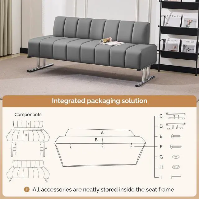 Alt view image 7 of 7 - Waiting Room Chairs Faux Leather Office Guest Chair, 59 Gray Lobby Bench Seating, Reception Area Furniture for Clinic Hospital School
