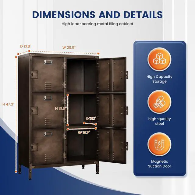 Alt view image 3 of 7 - Metal Locker with 6 Lockable Doors, Industrial Steel Storage Lockers for Employees - 47.3" Locker Storage Cabinets for School, Gym, Home, Office, Garage (6 Door)
