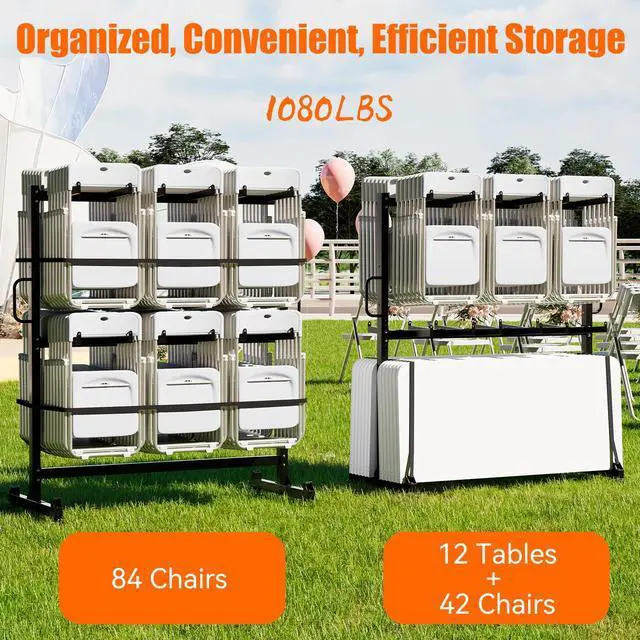 Alt view image 4 of 7 - Folding Chair Rack, Folding Chair Dolly Chair Cart for 84 Chairs or 12 Tables, Heavy Duty 1080LBS Weight Capacity Storage Rack with Swivel Wheels, Holder and Weatherproof Cover