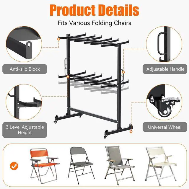 Alt view image 5 of 7 - Folding Chair Rack, Folding Chair Dolly Chair Cart for 84 Chairs or 12 Tables, Heavy Duty 1080LBS Weight Capacity Storage Rack with Swivel Wheels, Holder and Weatherproof Cover