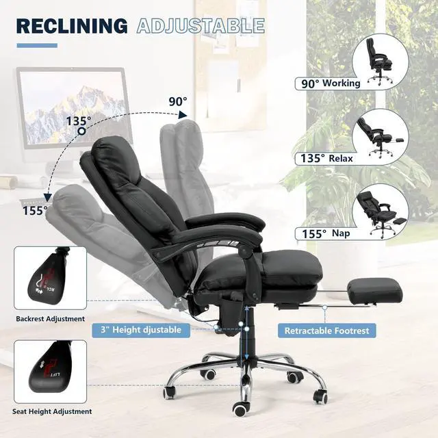 Alt view image 5 of 7 - Ergonomic Office Chair, PU Leather Black | 6-Point Massage & Heating, Adjustable Executive Desk Chair, Retractable Footrest, Dual-Layer Soft Cushion