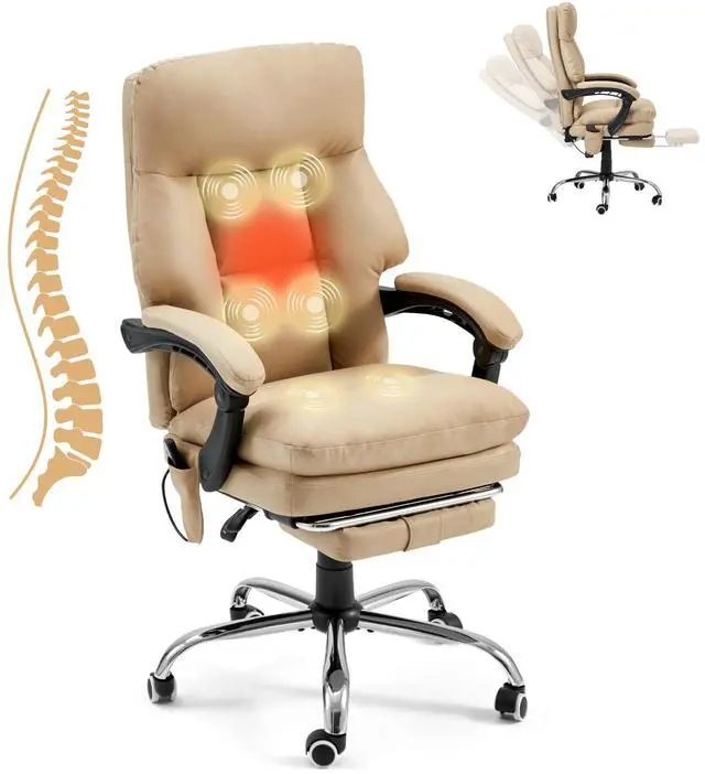 Main image of Ergonomic Office Chair, Khaki | 6-Point Massage & Heating, Adjustable Executive Design, Retractable Footrest, Dual-Layer Soft Cushion, PU Leather