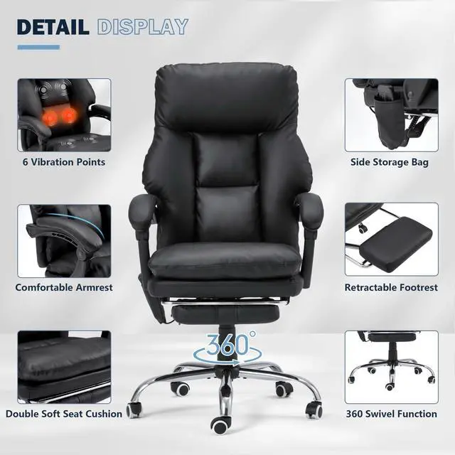 Alt view image 7 of 7 - Ergonomic Office Chair, PU Leather Black | 6-Point Massage & Heating, Adjustable Executive Desk Chair, Retractable Footrest, Dual-Layer Soft Cushion