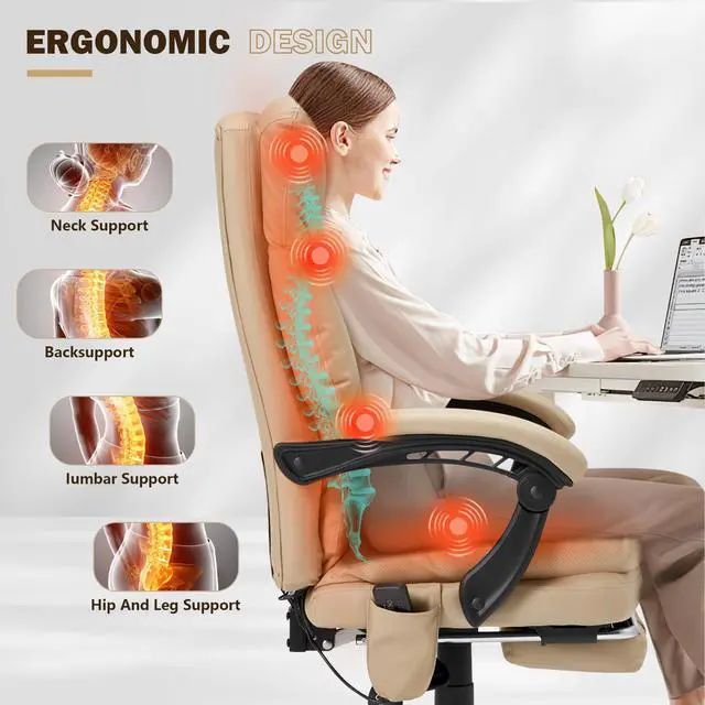 Alt view image 7 of 7 - Ergonomic Office Chair, Khaki | 6-Point Massage & Heating, Adjustable Executive Design, Retractable Footrest, Dual-Layer Soft Cushion, PU Leather