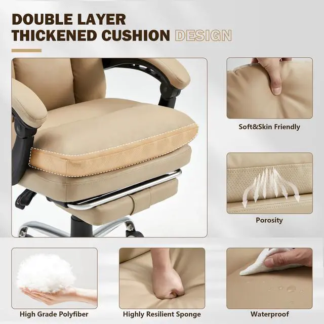 Alt view image 5 of 7 - Ergonomic Office Chair with 6-Point Massage & Heating, Adjustable Executive Desk Chair with Retractable Footrest, PU Leather Home Office Desk Chair for Home & Office (Khaki)