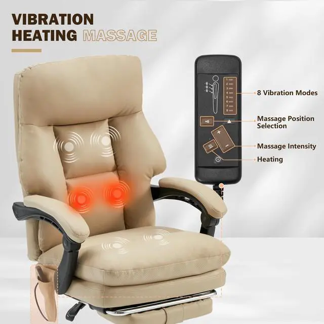 Alt view image 6 of 7 - Ergonomic Office Chair with 6-Point Massage & Heating, Adjustable Executive Desk Chair with Retractable Footrest, PU Leather Home Office Desk Chair for Home & Office (Khaki)