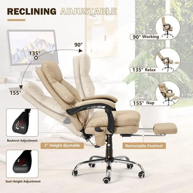 Alt view image 7 of 7 - Ergonomic Office Chair with 6-Point Massage & Heating, Adjustable Executive Desk Chair with Retractable Footrest, PU Leather Home Office Desk Chair for Home & Office (Khaki)