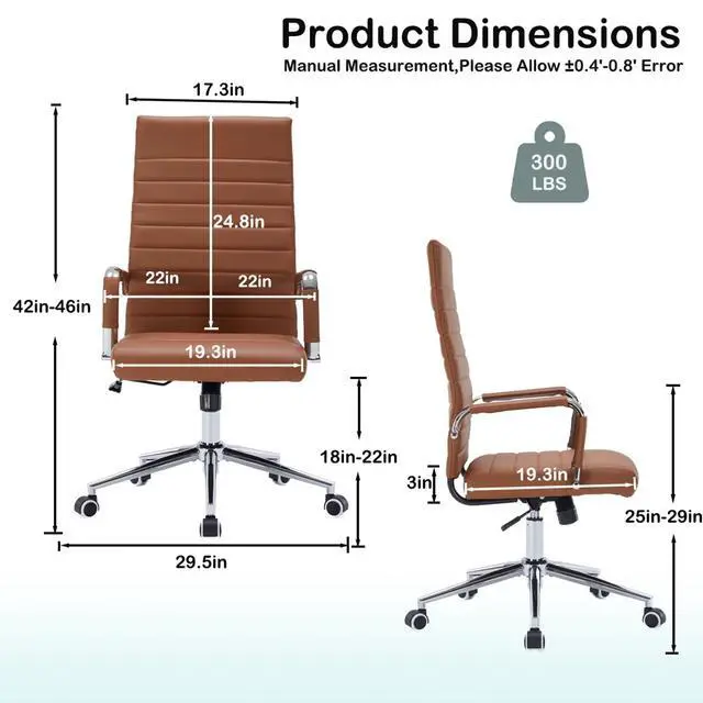 Alt view image 3 of 7 - Brown Leather Ribbed Office High-Back Desk Conference Chairs with Wheels | Ergonomic High-Back Executive Chairs with Wheels Adjustable Swivel Computer Task Desk Chair with Arms and Thick Padded Seat