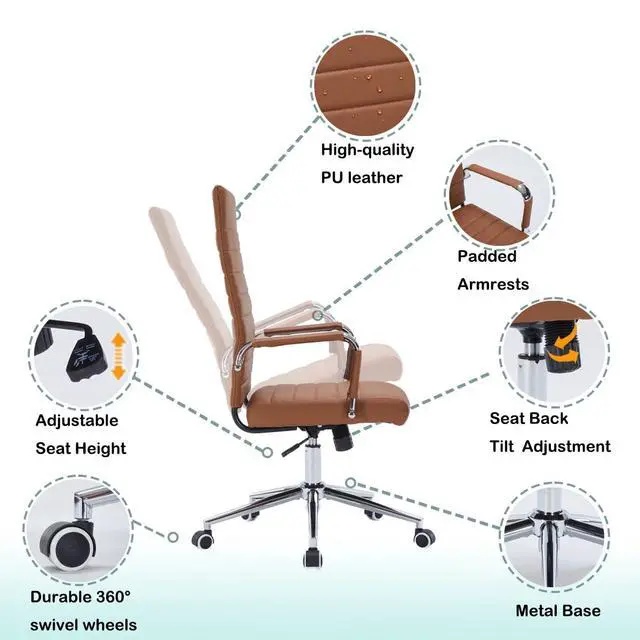 Alt view image 4 of 7 - Brown Leather Ribbed Office High-Back Desk Conference Chairs with Wheels | Ergonomic High-Back Executive Chairs with Wheels Adjustable Swivel Computer Task Desk Chair with Arms and Thick Padded Seat