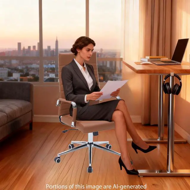 Alt view image 5 of 7 - Brown Leather Ribbed Office High-Back Desk Conference Chairs with Wheels | Ergonomic High-Back Executive Chairs with Wheels Adjustable Swivel Computer Task Desk Chair with Arms and Thick Padded Seat